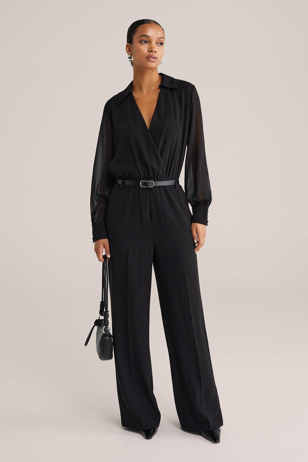Zwarte dames WE Fashion jumpsuit van polyester met effen, lange mouwen, V-hals en ceintuur