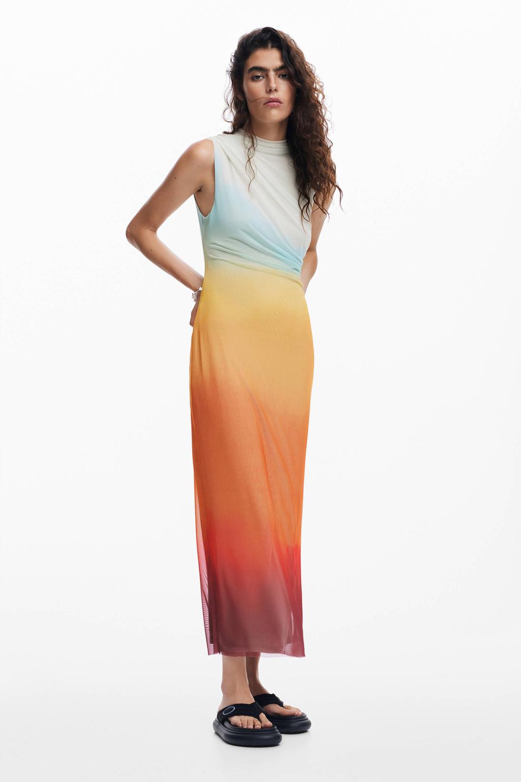 Oranje dames Desigual maxi jurk van polyester met dip-dye effect en opstaande kraag
