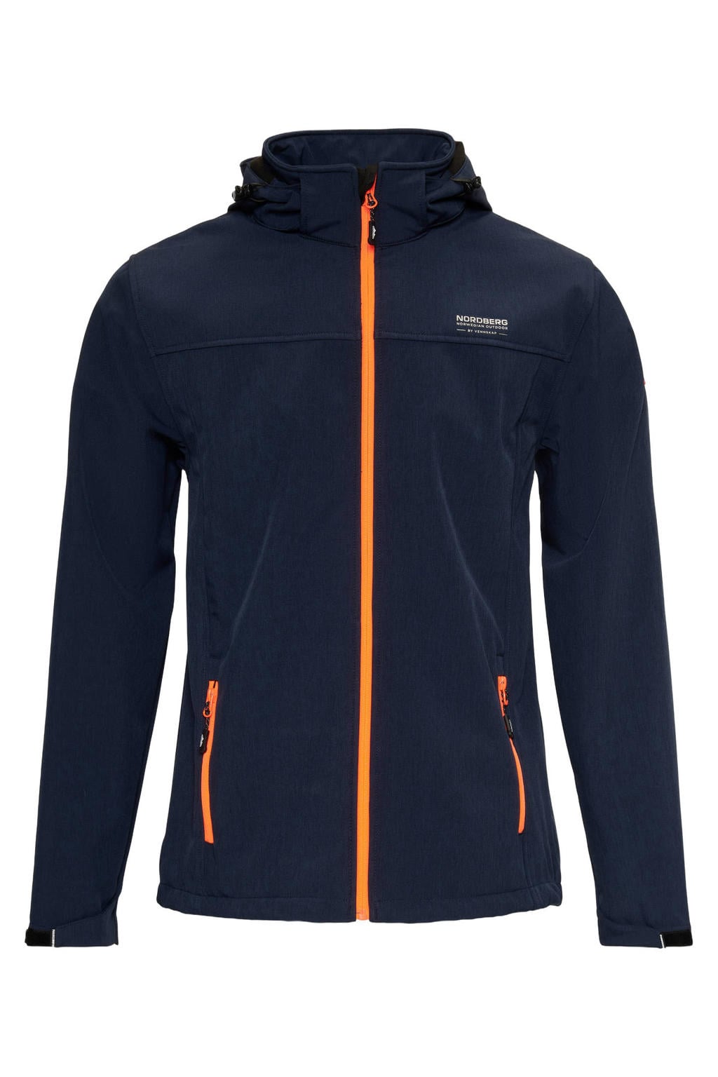 Donkerblauwe heren Nordberg softshell jas Mats met melée print, lange mouwen, opstaande kraag en rits met windvanger