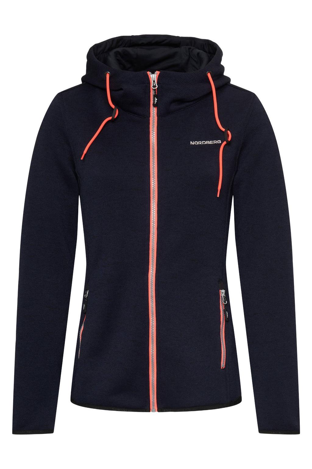 Donkerblauwe dames Nordberg fleece vest Elise met melée print, lange mouwen, capuchon en ritssluiting