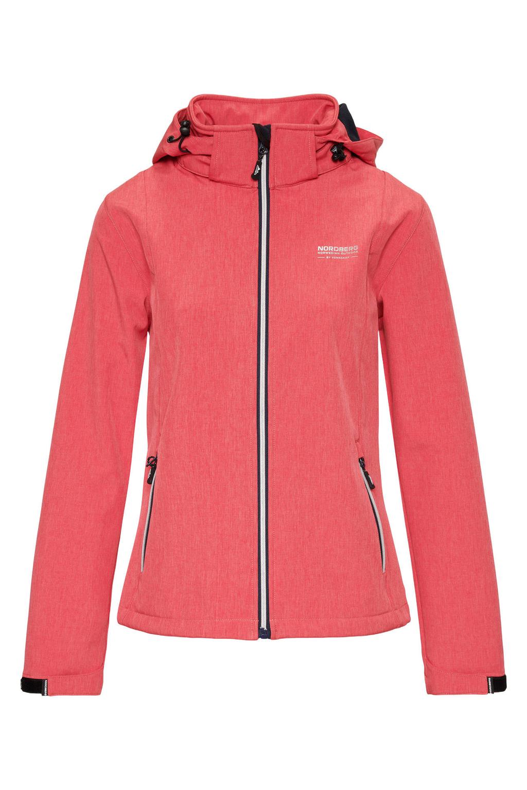Koraalrode dames Nordberg softshell jas Rinda met melée print, lange mouwen en opstaande kraag