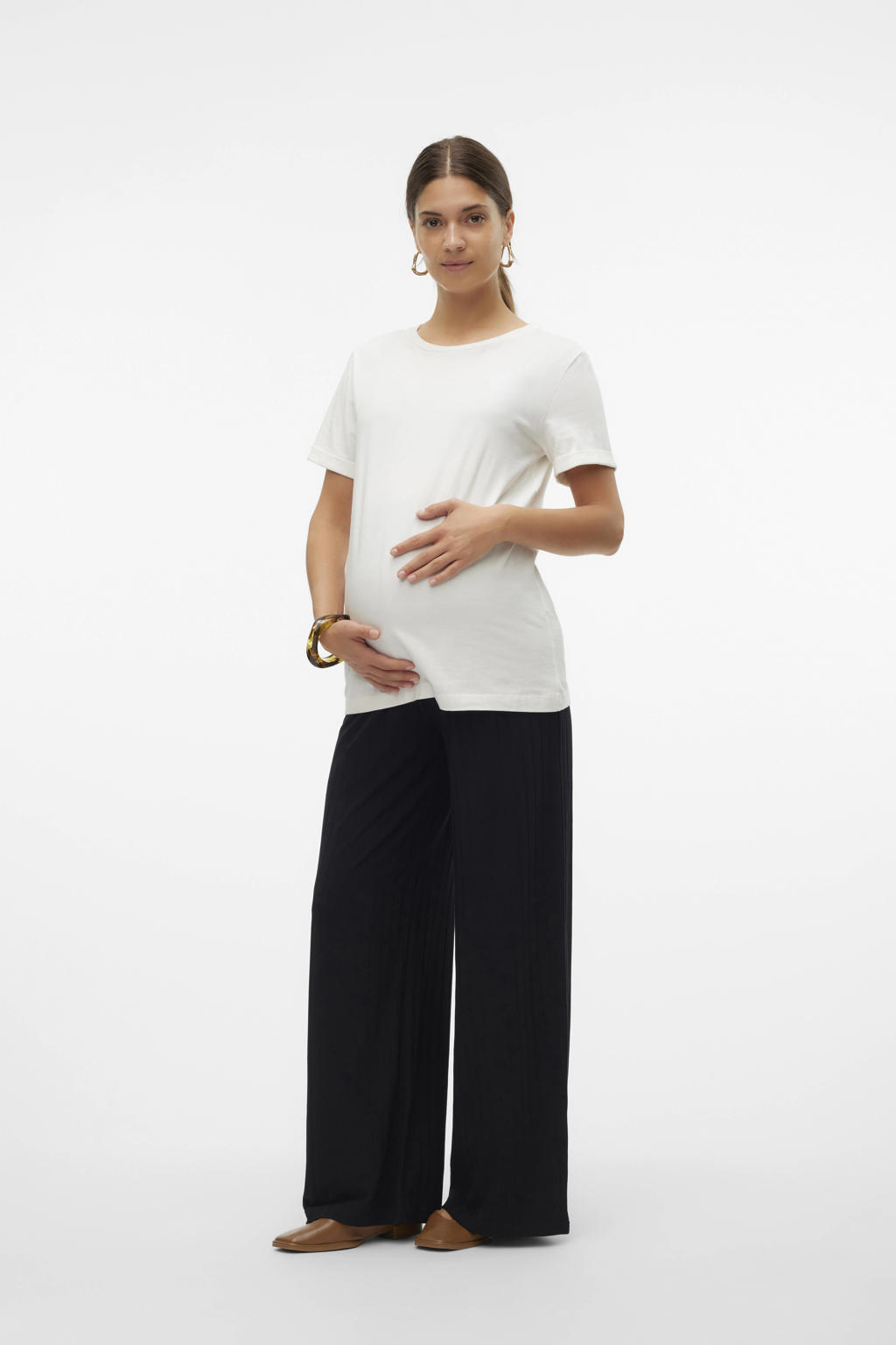 Zwarte dames MAMALICIOUS wide leg high waist zwangerschaps casual broek met effen