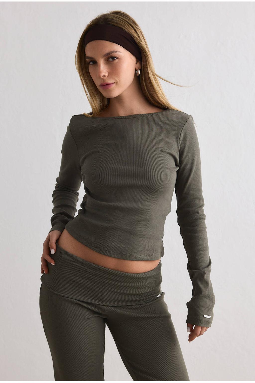 Olijfgroene dames Aim'n Ease Ribbed sporttop- van katoen met ronde hals