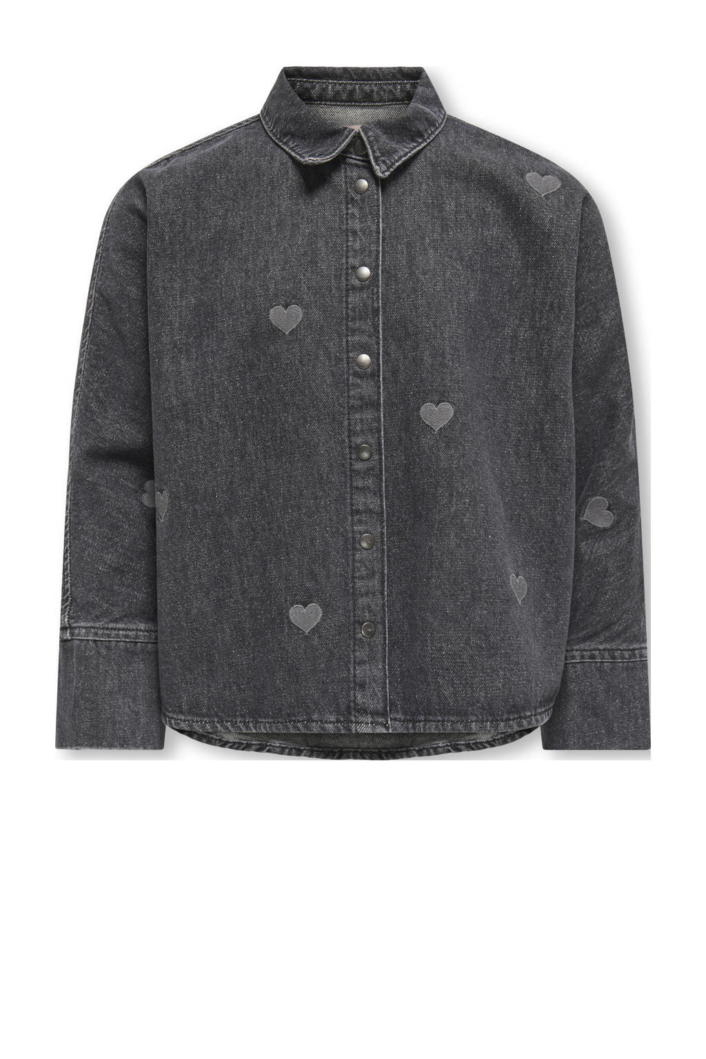 Black denim meisjes KIDS ONLY GIRL blouse black van denim met effen, lange mouwen, klassieke kraag, drukknoopsluiting en borduursels
