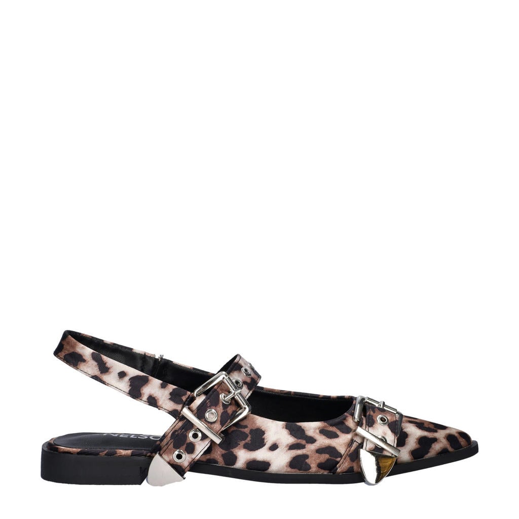 Beige en zwarte dames Nelson slingback loafers van textiel met gesp en panterprint