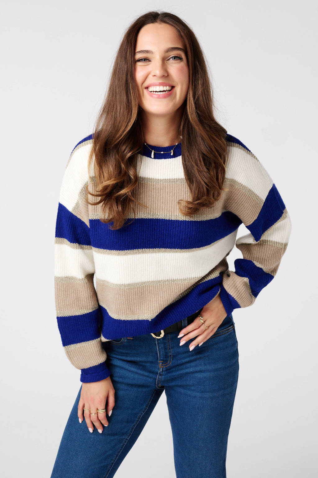 MS Mode gestreepte trui met wol blauw gebreid wehkamp