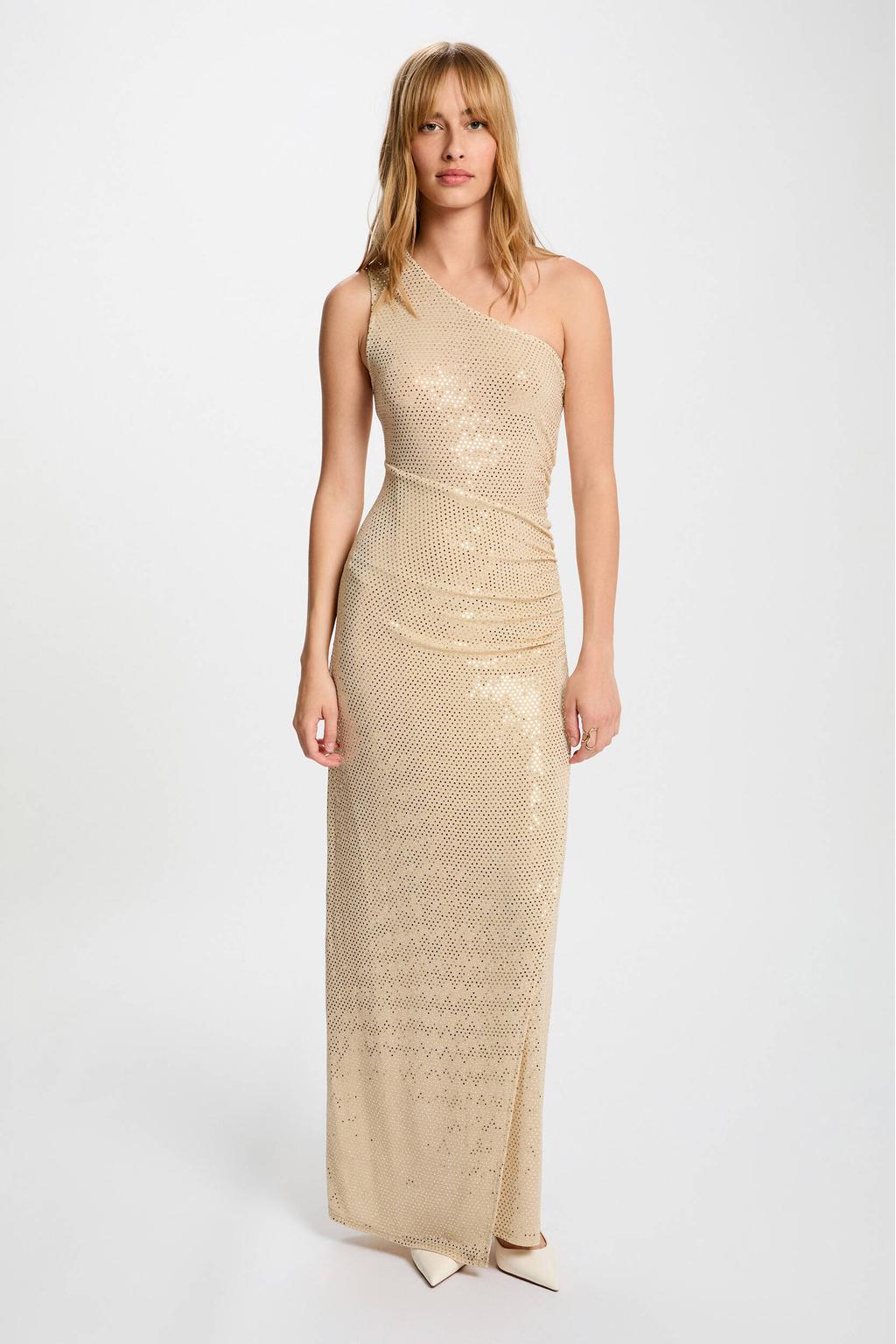 Zilverkleurige dames Morgan maxi jurk van polyamide met effen, off shoulder hals en pailletten
