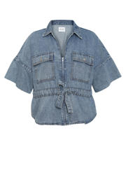 thumbnail: Medium blue denim dames Paprika top met effen, half lange mouwen, klassieke kraag en tunnelkoord