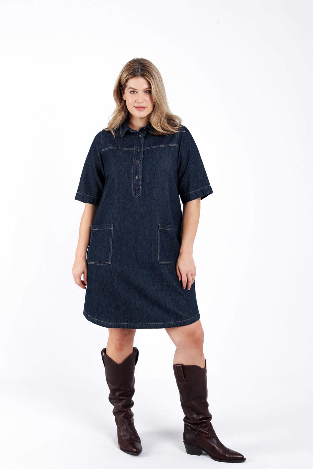 Dark blue denim dames Paprika spijkerjurk dark blue van denim met effen, half lange mouwen en klassieke kraag
