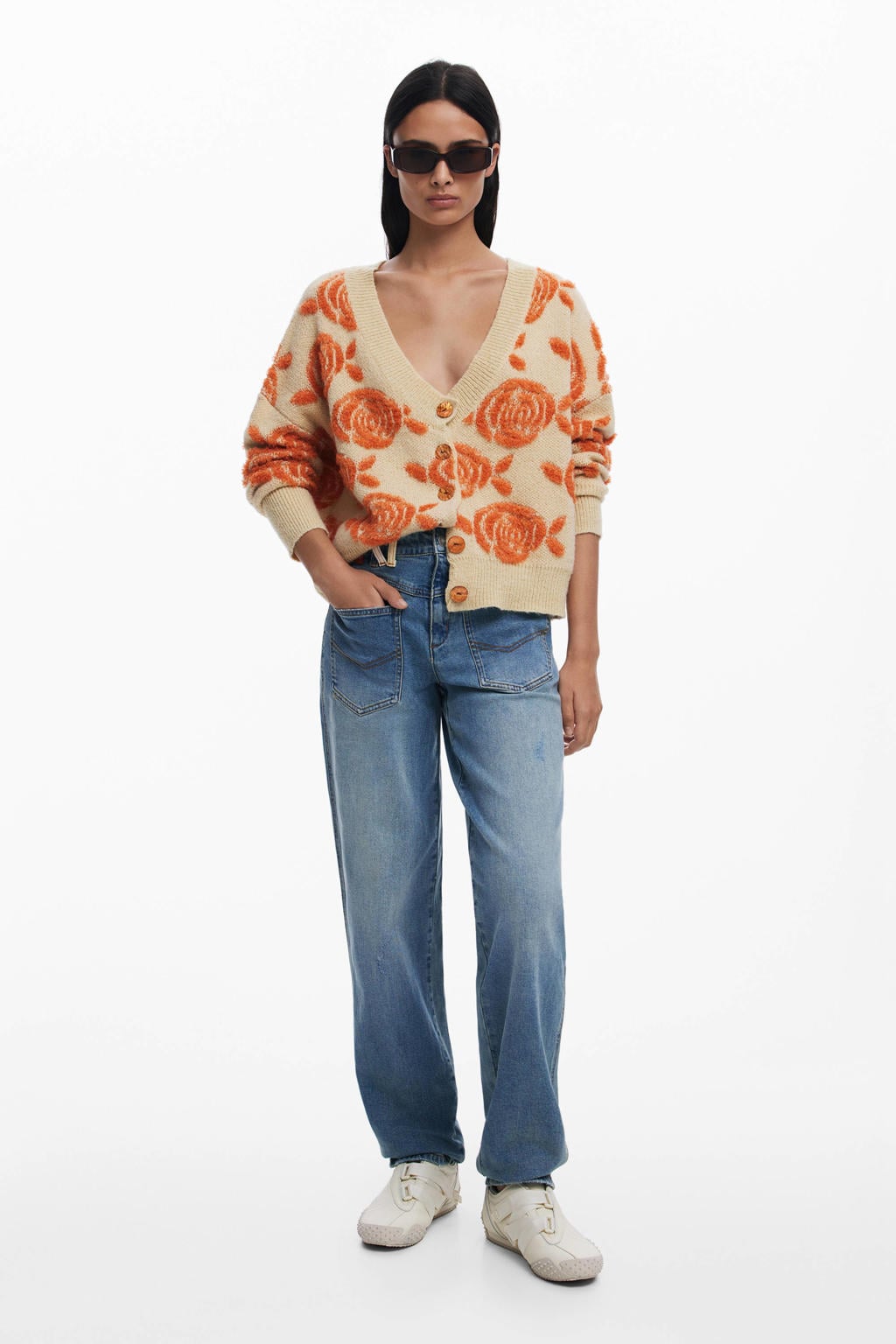 Blauwe dames Desigual gebloemde gebreide trui van polyamide met lange mouwen en ronde hals