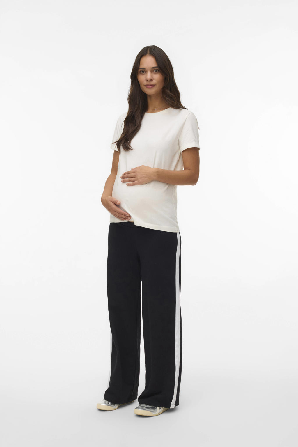 Zwarte dames MAMALICIOUS regular high waist zwangerschaps casual broek van katoen met elastische tailleband en effen