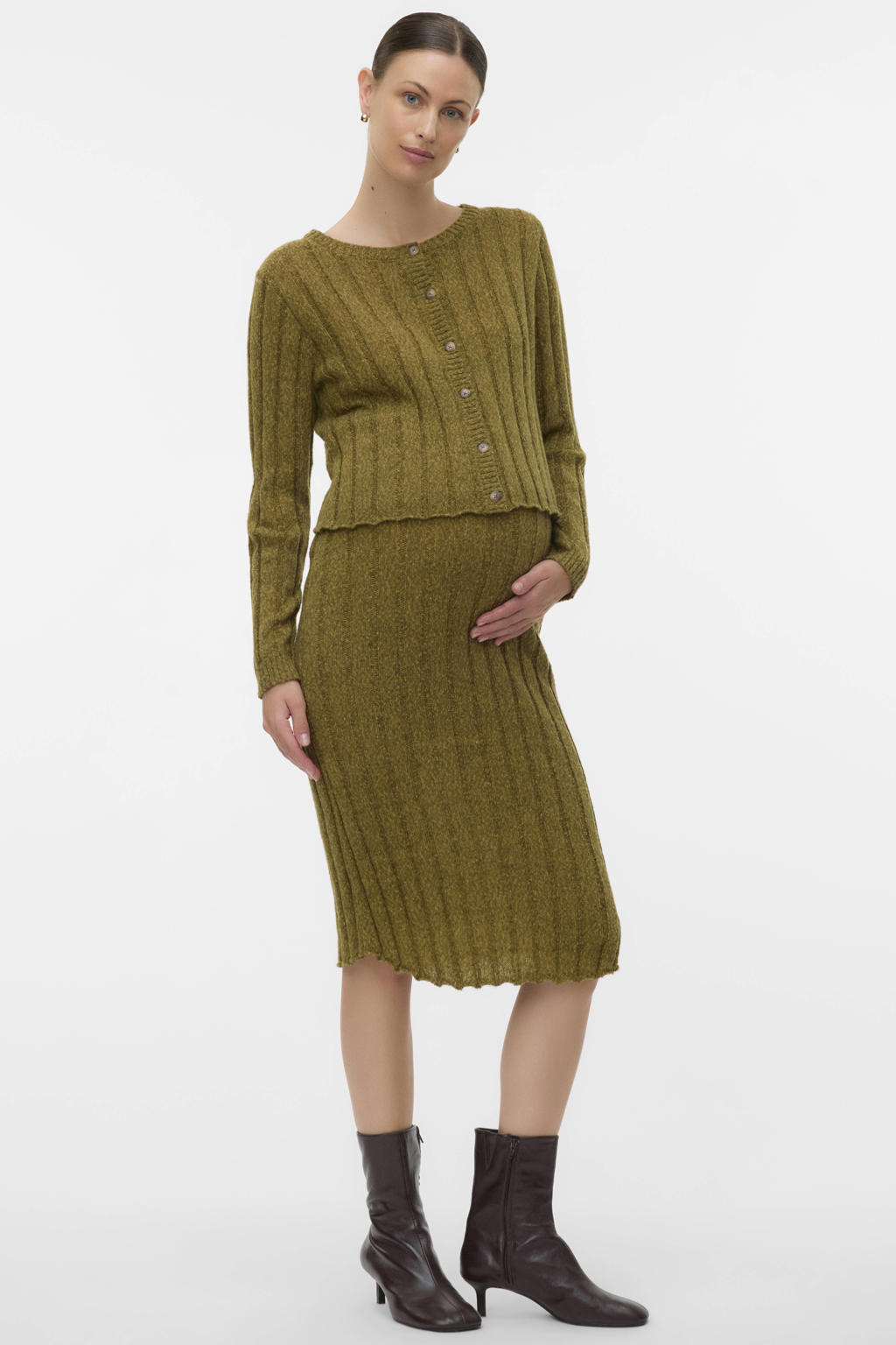 Groene dames MAMALICIOUS zwangerschaps midi rok gebreid van polyester met regular waist, elastische tailleband en effen