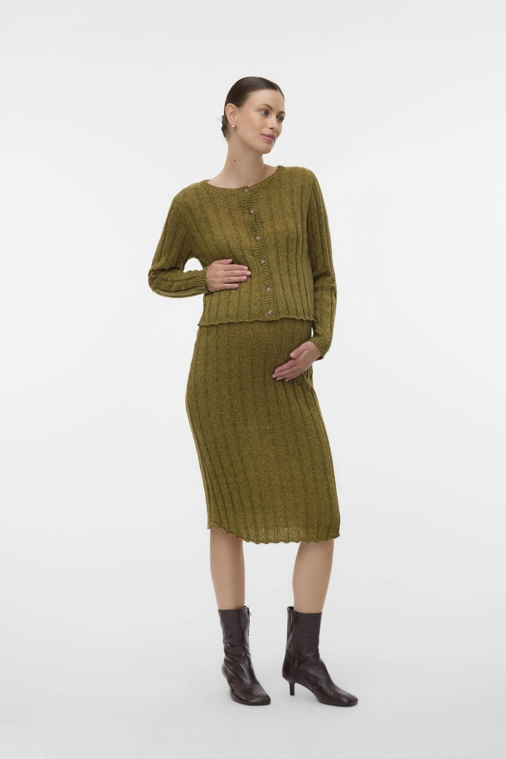 Groene dames MAMALICIOUS zwangerschaps vest gebreid met effen, lange mouwen, ronde hals en knoopsluiting
