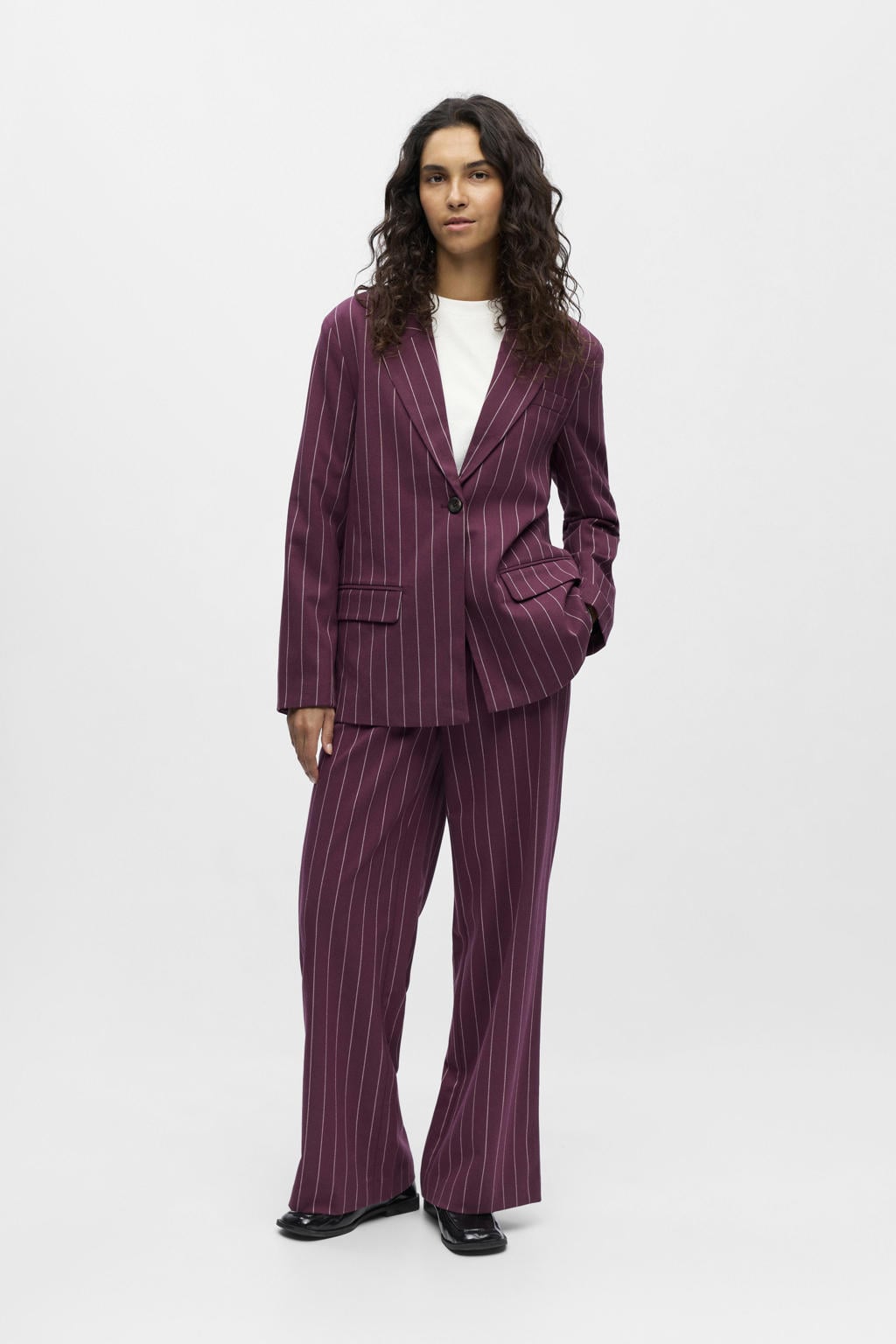 Donkerpaarse dames OBJECT gestreepte regular blazer van polyester met lange mouwen, reverskraag, knoopsluiting en geweven detail