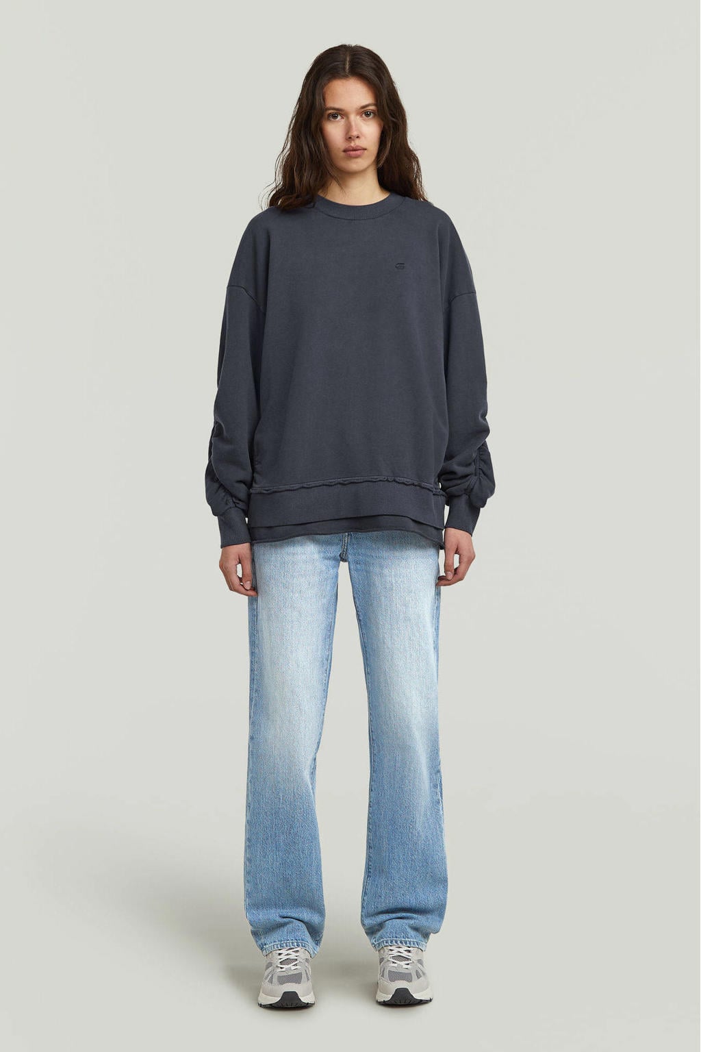 Donkerblauwe dames G-STAR sweater met logo dessin, lange mouwen en plooien
