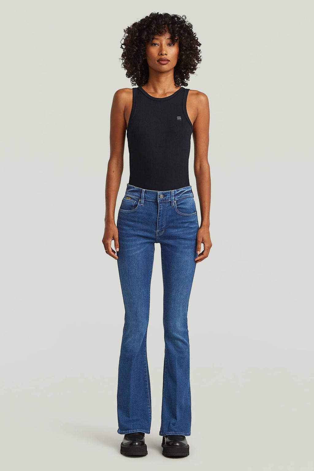 Medium blue denim dames G-STAR flared jeans van katoen met regular waist, rits- en drukknoopsluiting en effen