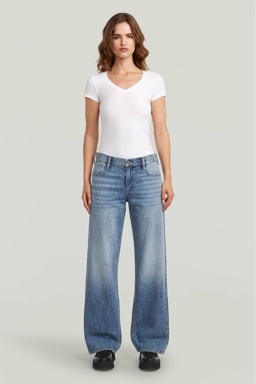 Medium blue denim dames G-STAR low waist loose fit jeans van katoen met rits- en drukknoopsluiting en effen