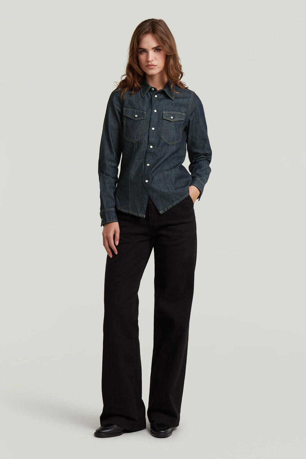 Dark blue denim dames G-STAR blouse dark blue van denim met effen, lange mouwen, klassieke kraag en knoopsluiting