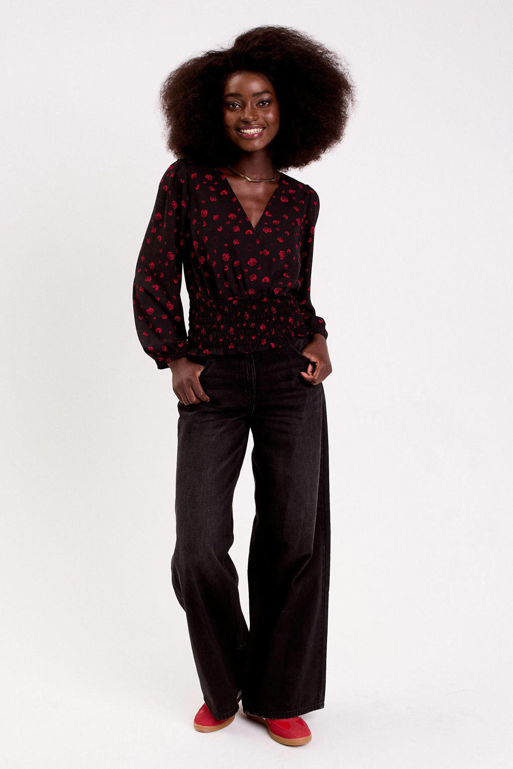 Zwarte dames Cache Cache top van polyester met hartjesprint, lange mouwen, V-hals en smockwerk