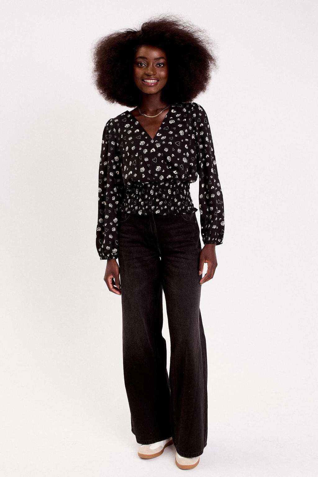 Zwarte dames Cache Cache top van polyester met hartjesprint, lange mouwen, V-hals en smockwerk