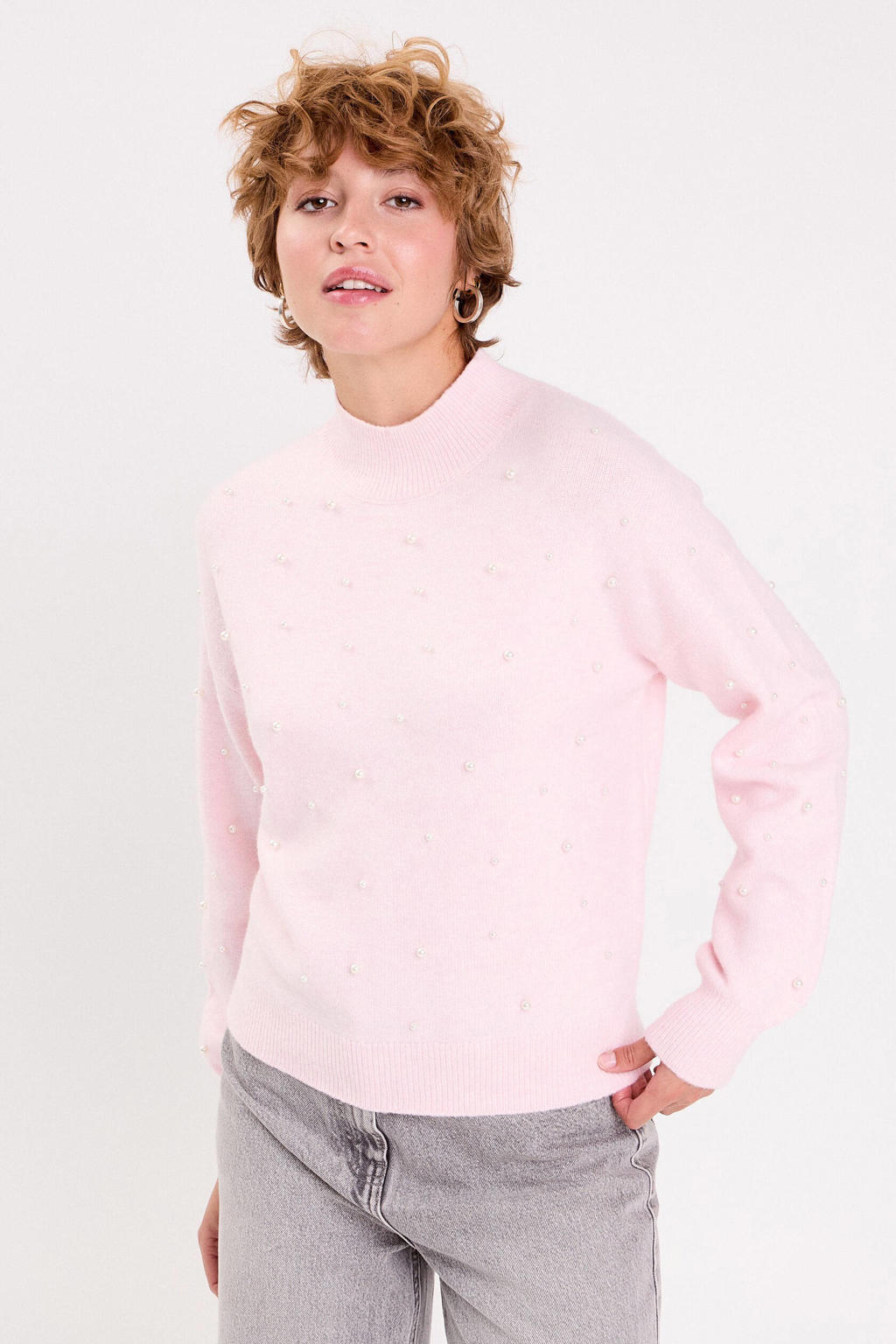 Lichtroze dames Cache Cache gebreide trui van polyester met effen, lange mouwen, opstaande kraag en parels