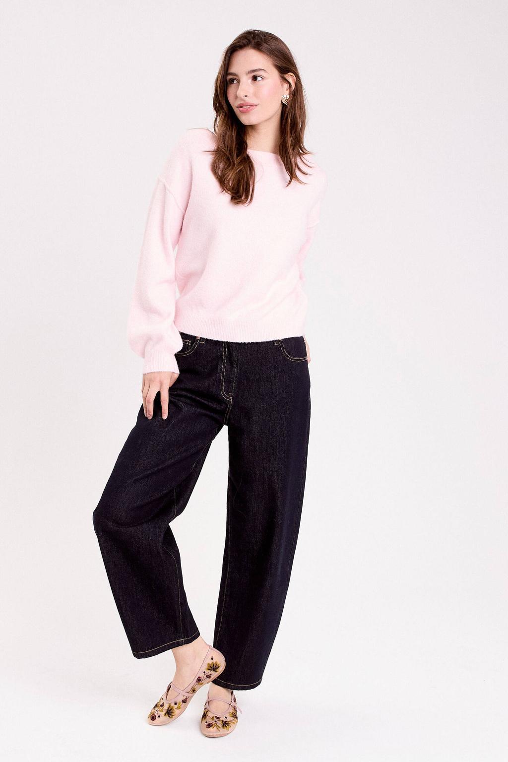 Lichtroze dames Cache Cache gebreide trui van polyester met effen, lange mouwen en off shoulder hals