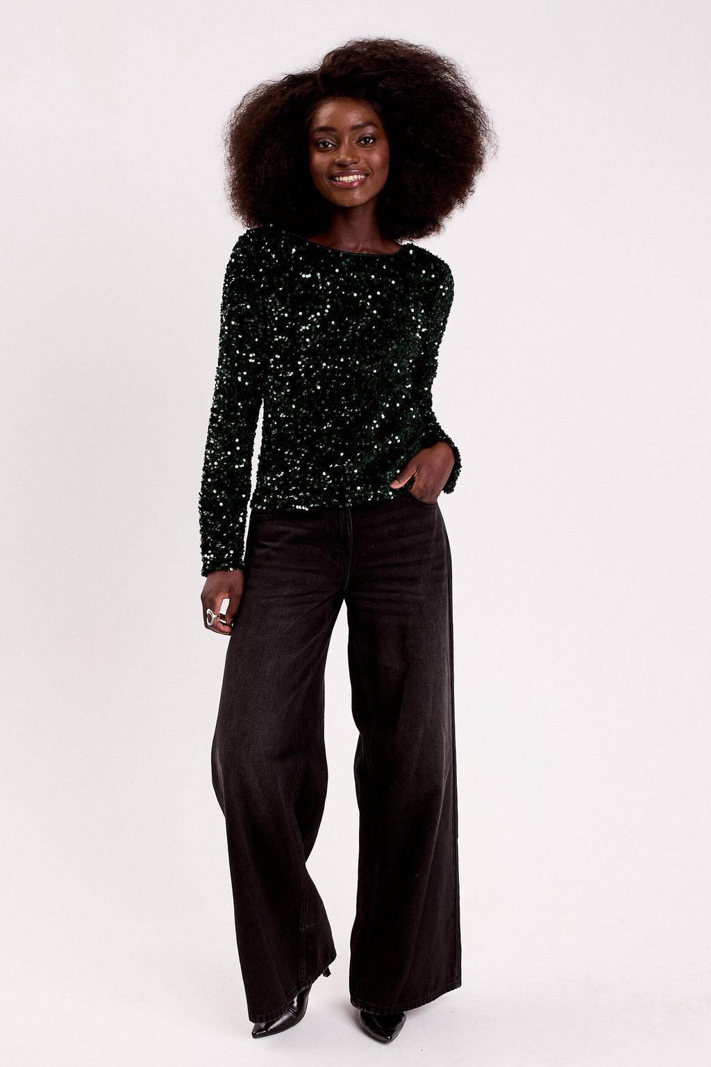 Donkergroene dames Cache Cache top van polyester met lange mouwen, ronde hals en glitters