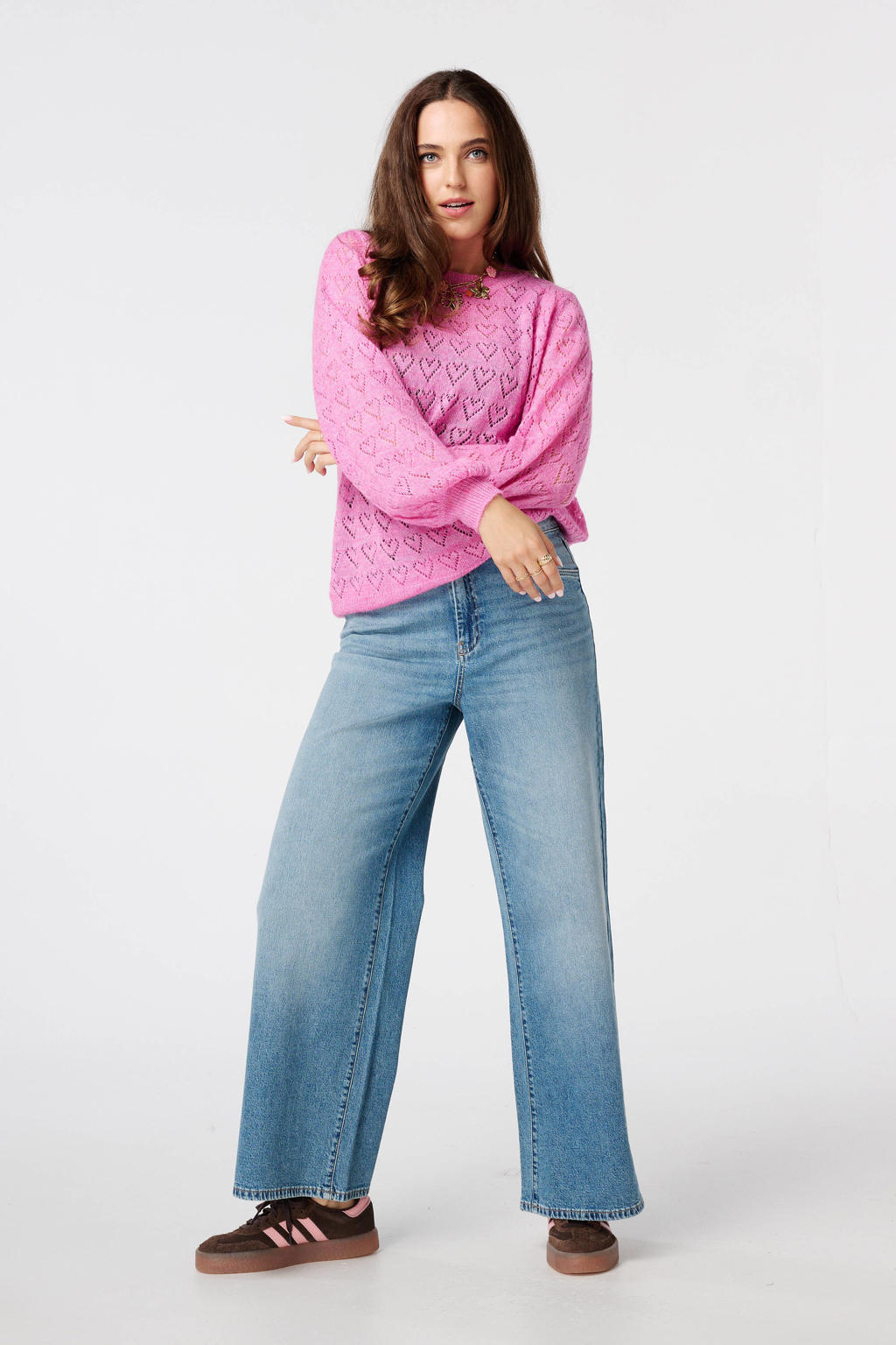 Roze dames MS Mode trui fijn gebreid van polyester met effen, lange mouwen, klassieke kraag en ajour details