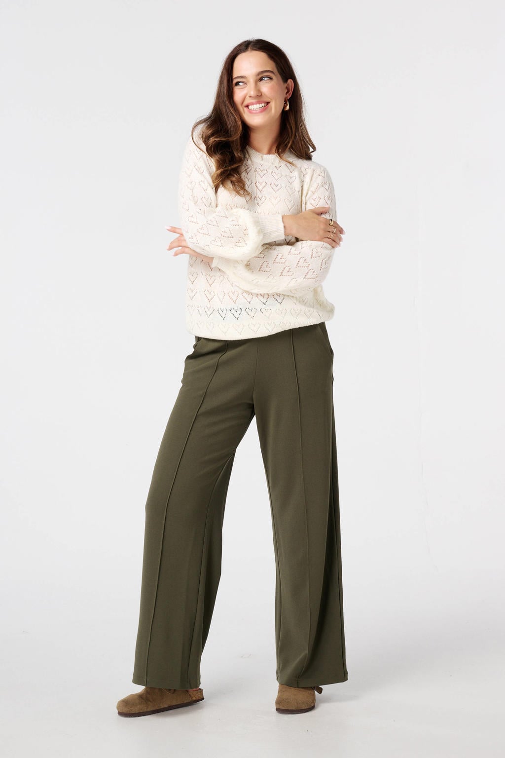 Ecru dames MS Mode trui fijn gebreid van polyester met effen, lange mouwen, klassieke kraag en ajour details