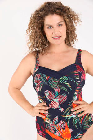 corrigerend badpak Plus Size met voorgevormde cups donkerblauw/meerkleurig