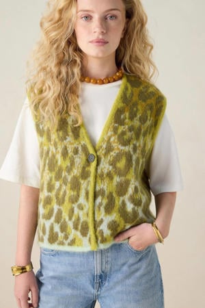 mouwloos vest met panterprint donkergroen