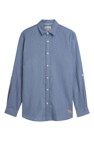 regular casual overhemd met linnen blauw