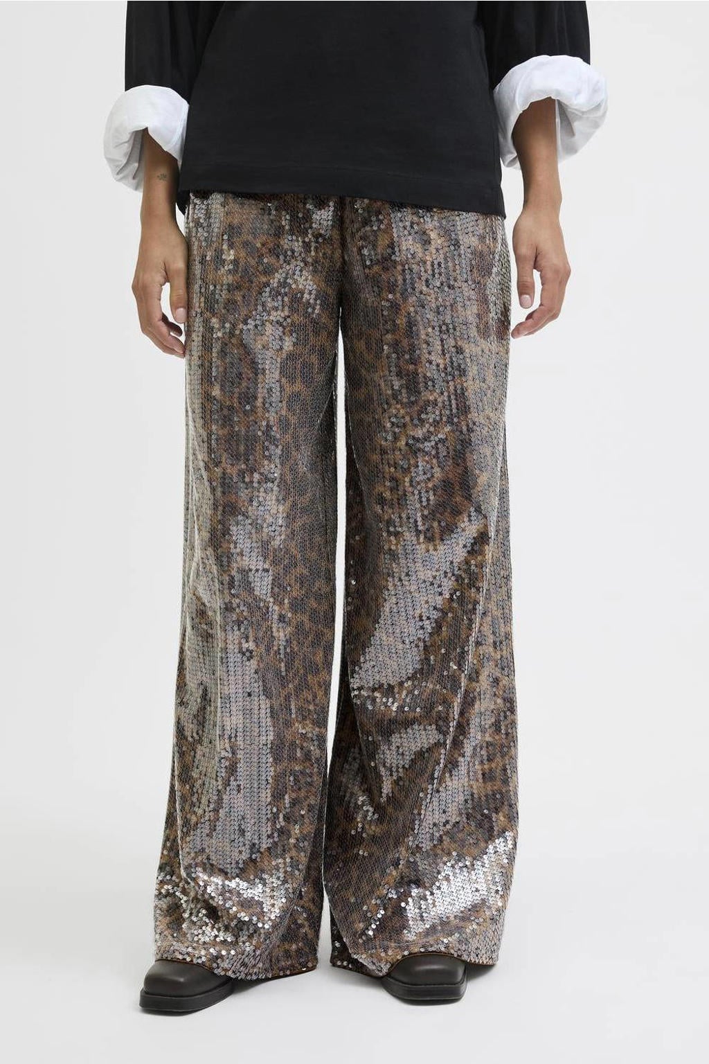 Bruine dames JJXX relaxed regular waist casual broek van polyester met elastische tailleband en dierenprint
