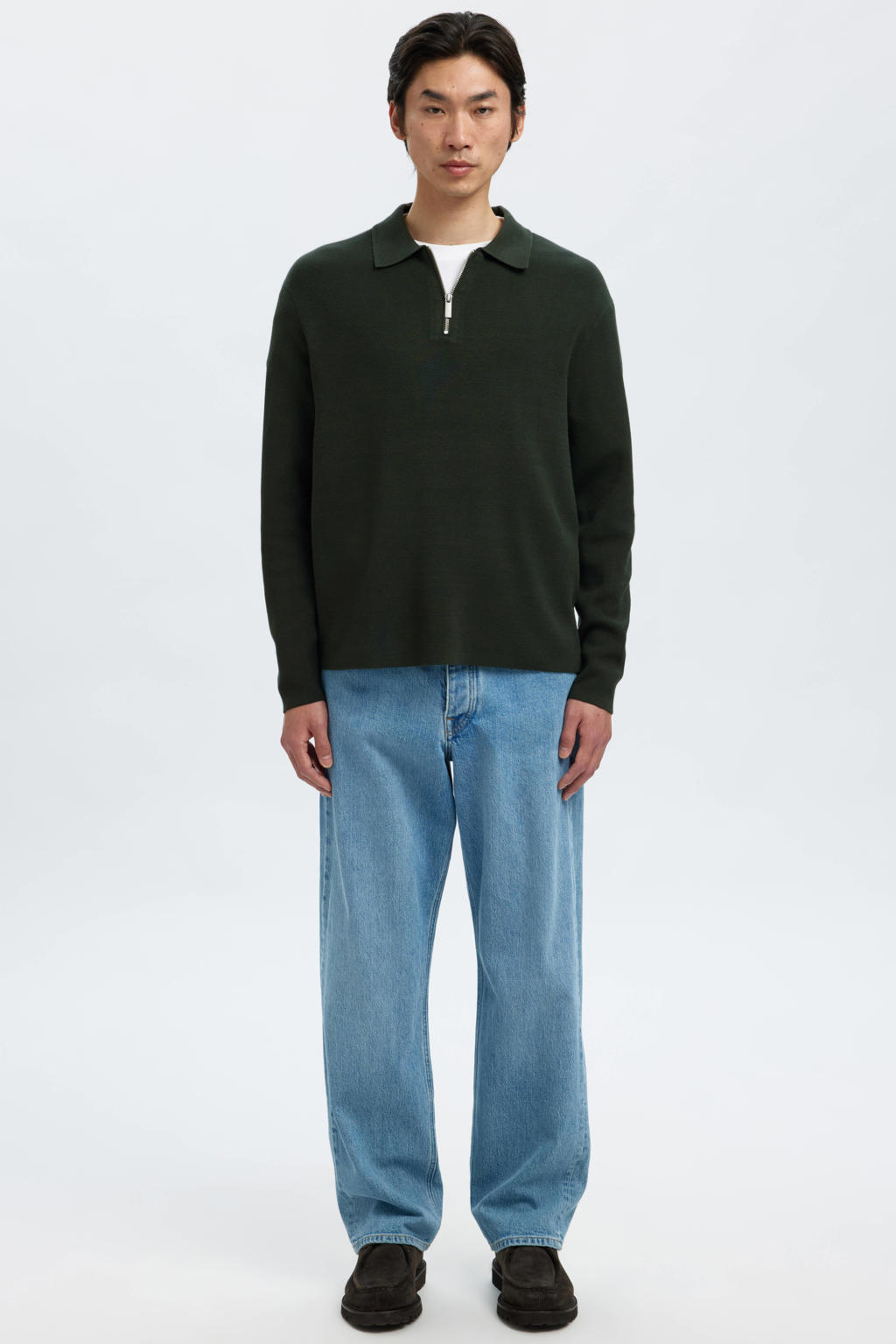 Donkergroene heren Selected pullover gebreid van viscose met effen, lange mouwen, polo kraag en halve rits