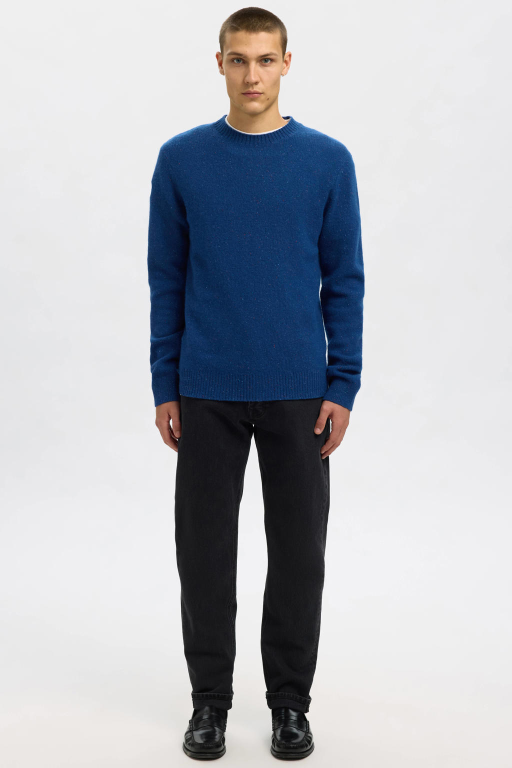Blauwe heren SELECTED HOMME gebreide trui van wol met melée print, lange mouwen en ronde hals