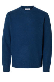thumbnail: Blauwe heren SELECTED HOMME gebreide trui van wol met melée print, lange mouwen en ronde hals