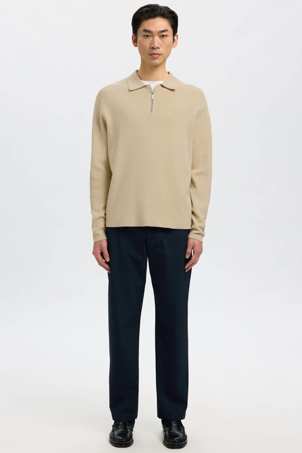Beige heren Selected pullover gebreid van viscose met effen, lange mouwen, polo kraag en halve rits