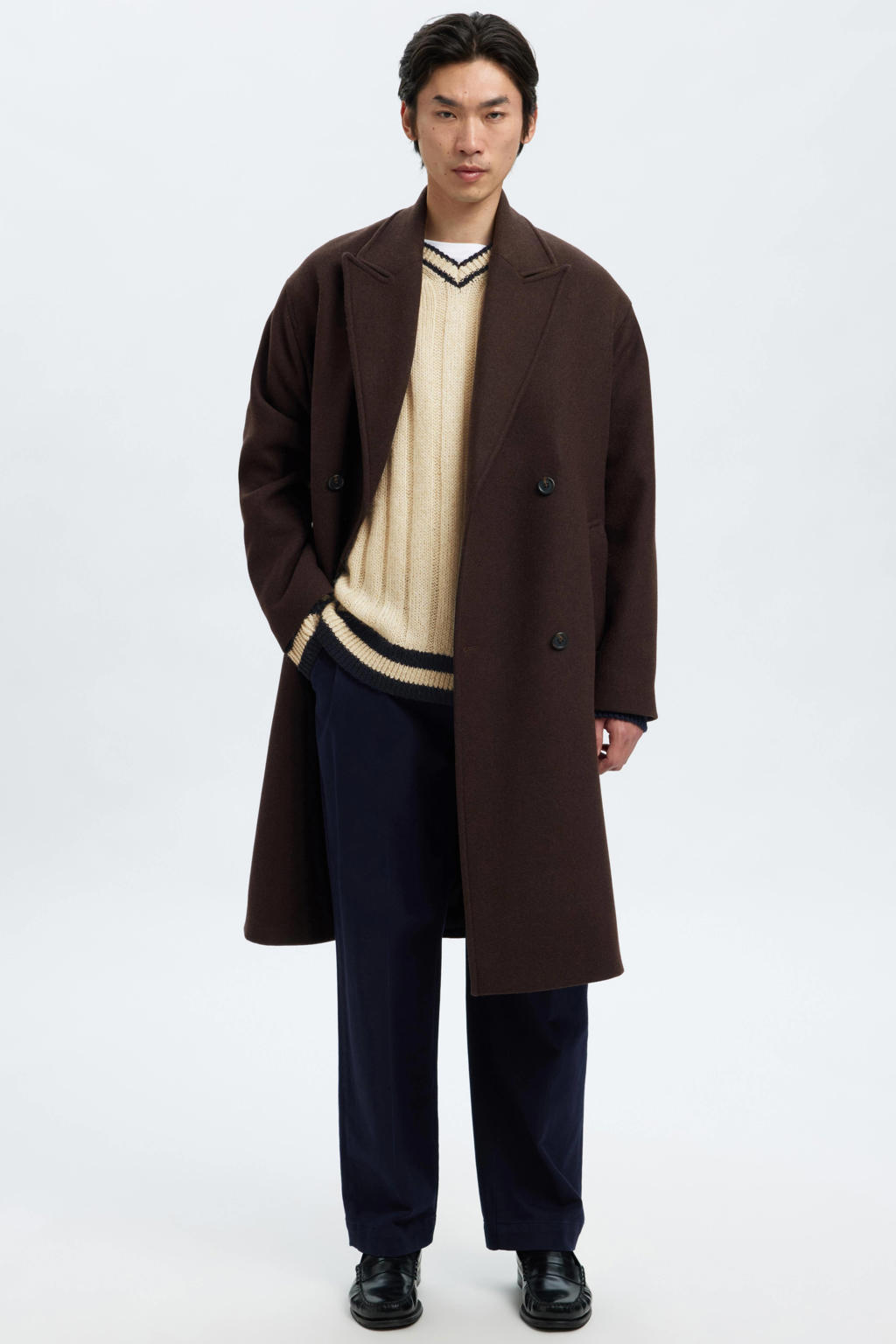 Beige heren Selected trui rib gebreid van wol met effen, lange mouwen, V-hals en contrast bies
