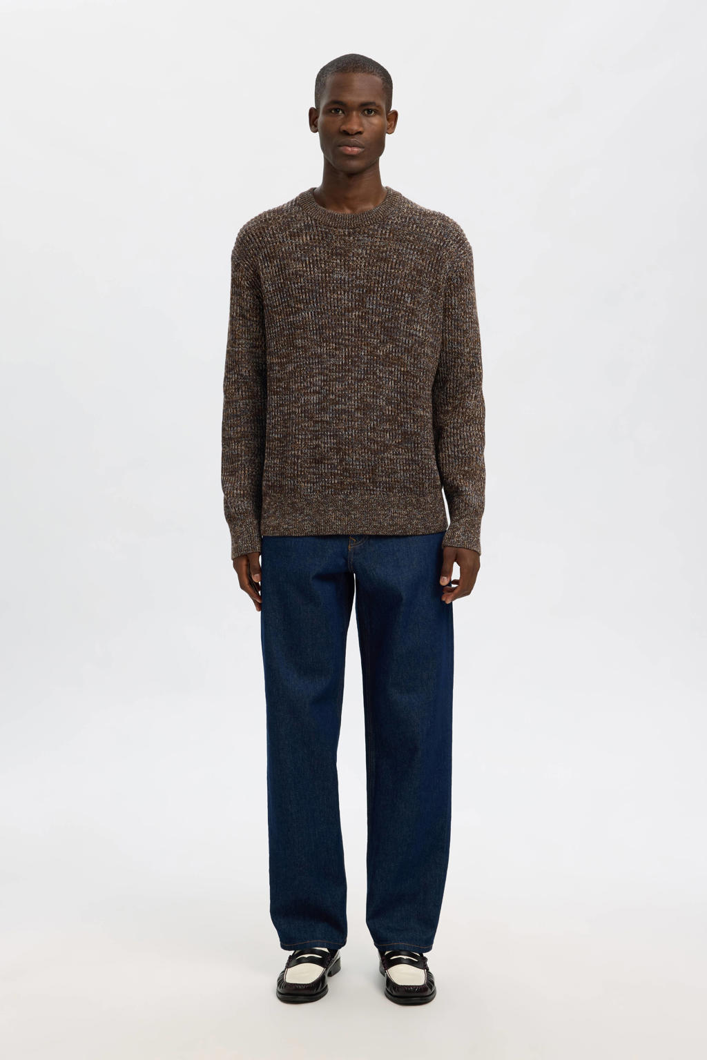 Bruine heren Selected trui grof gebreid van katoen met lange mouwen