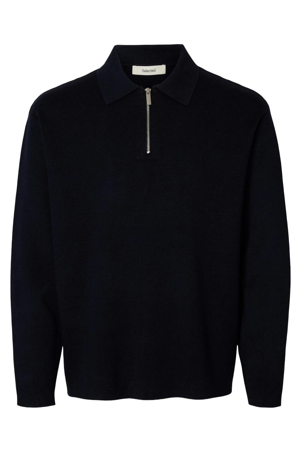 Donkerblauwe heren Selected pullover gebreid van viscose met effen, lange mouwen, polo kraag en halve rits