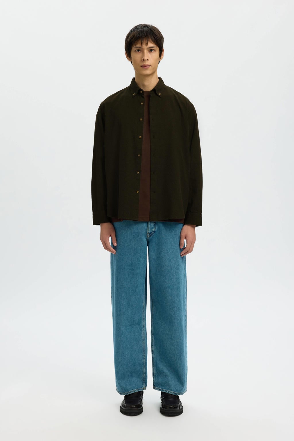 Donkergroene heren Selected regular casual overhemd van katoen met effen, lange mouwen, button down sluiting en knoopsluiting