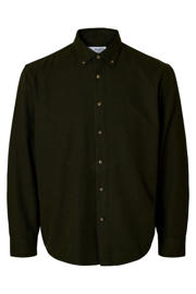thumbnail: Donkergroene heren SELECTED HOMME regular casual overhemd van katoen met effen, lange mouwen, button down sluiting en knoopsluiting
