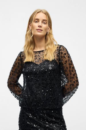 mesh top zwart met pailletten