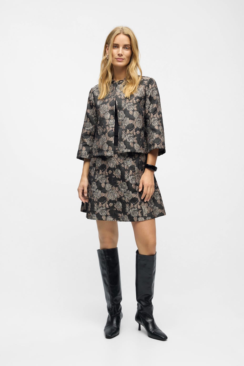 Multikleurige dames OBJECT jasje van polyester met bloemenprint, lange mouwen, ronde hals, knoopsluiting en jacquard