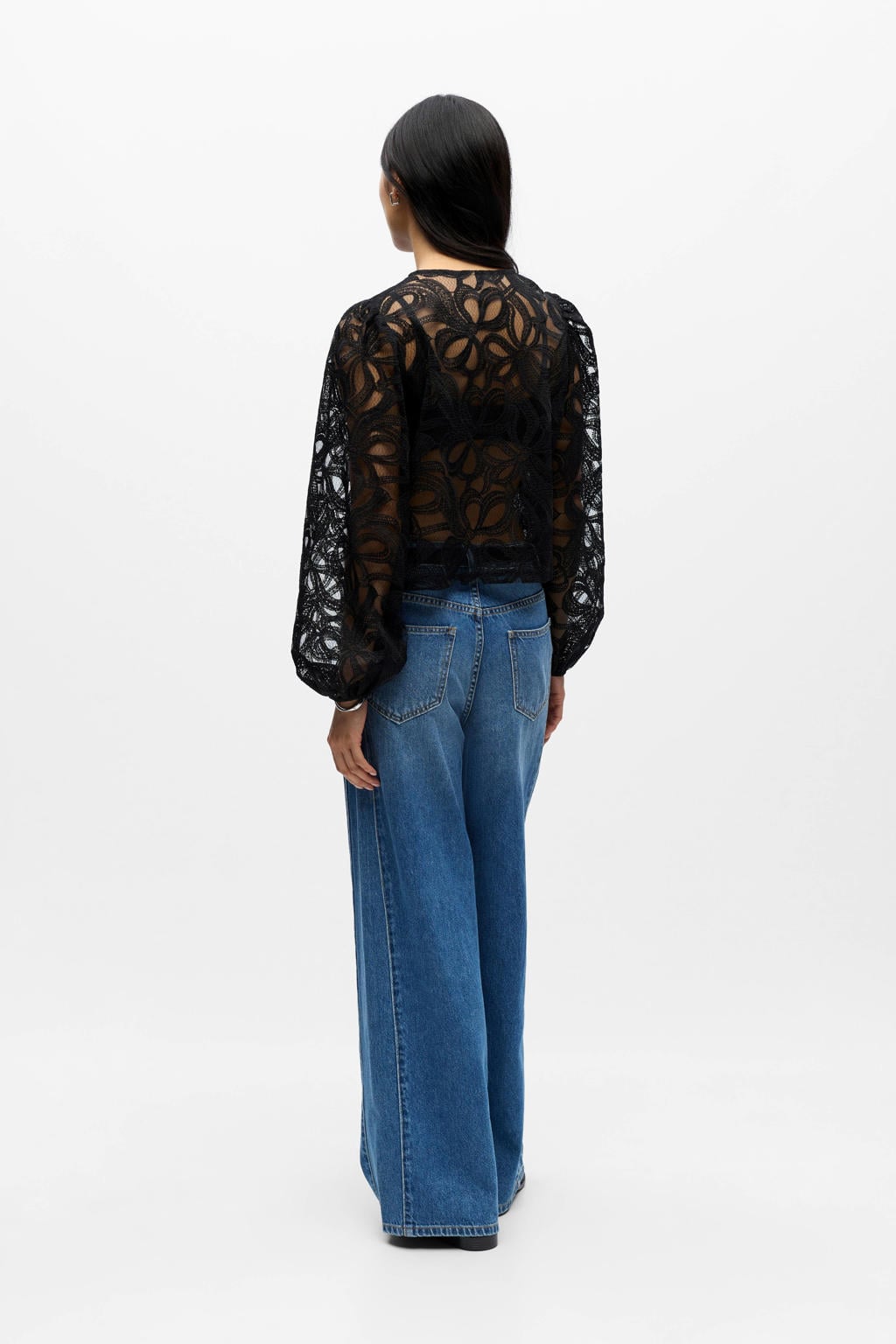 Zwarte dames OBJECT blouse van polyester met effen, lange mouwen, ronde hals, knoopsluiting en jacquard