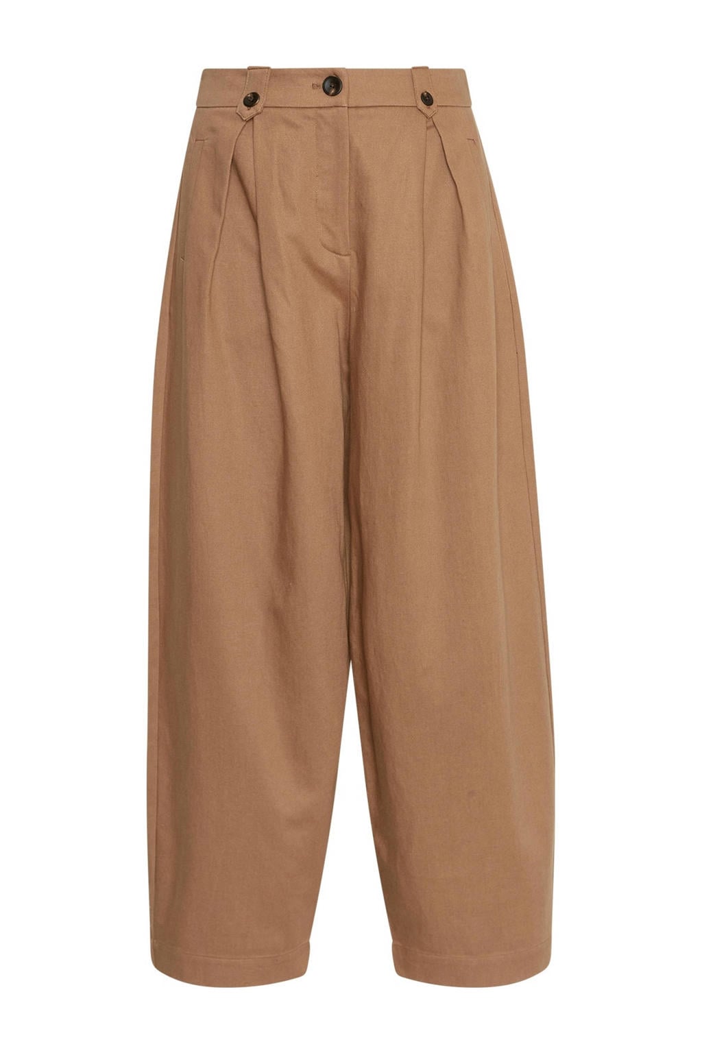 Camelkleurige dames MSCH Copenhagen wide leg regular waist broek van lyocell met rits- en knoopsluiting en effen