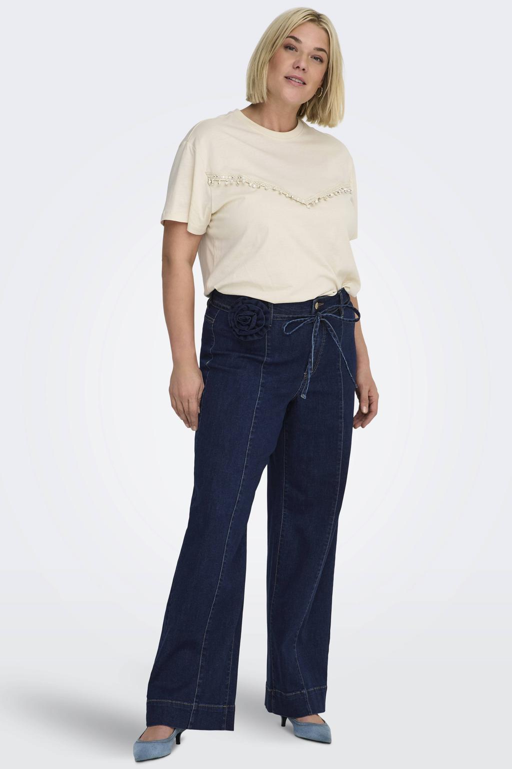 Dark blue denim dames ONLY CARMAKOMA wide leg jeans dark blue van denim met rits- en knoopsluiting en effen