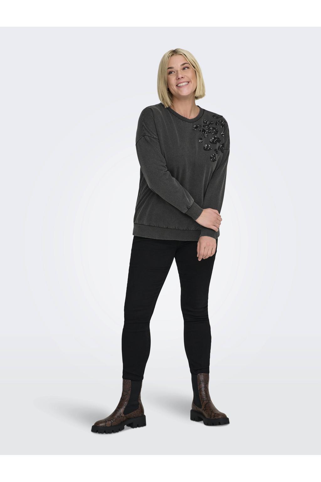 Grijze dames ONLY CARMAKOMA sweater van katoen met dierenprint, lange mouwen, ronde hals en pailletten