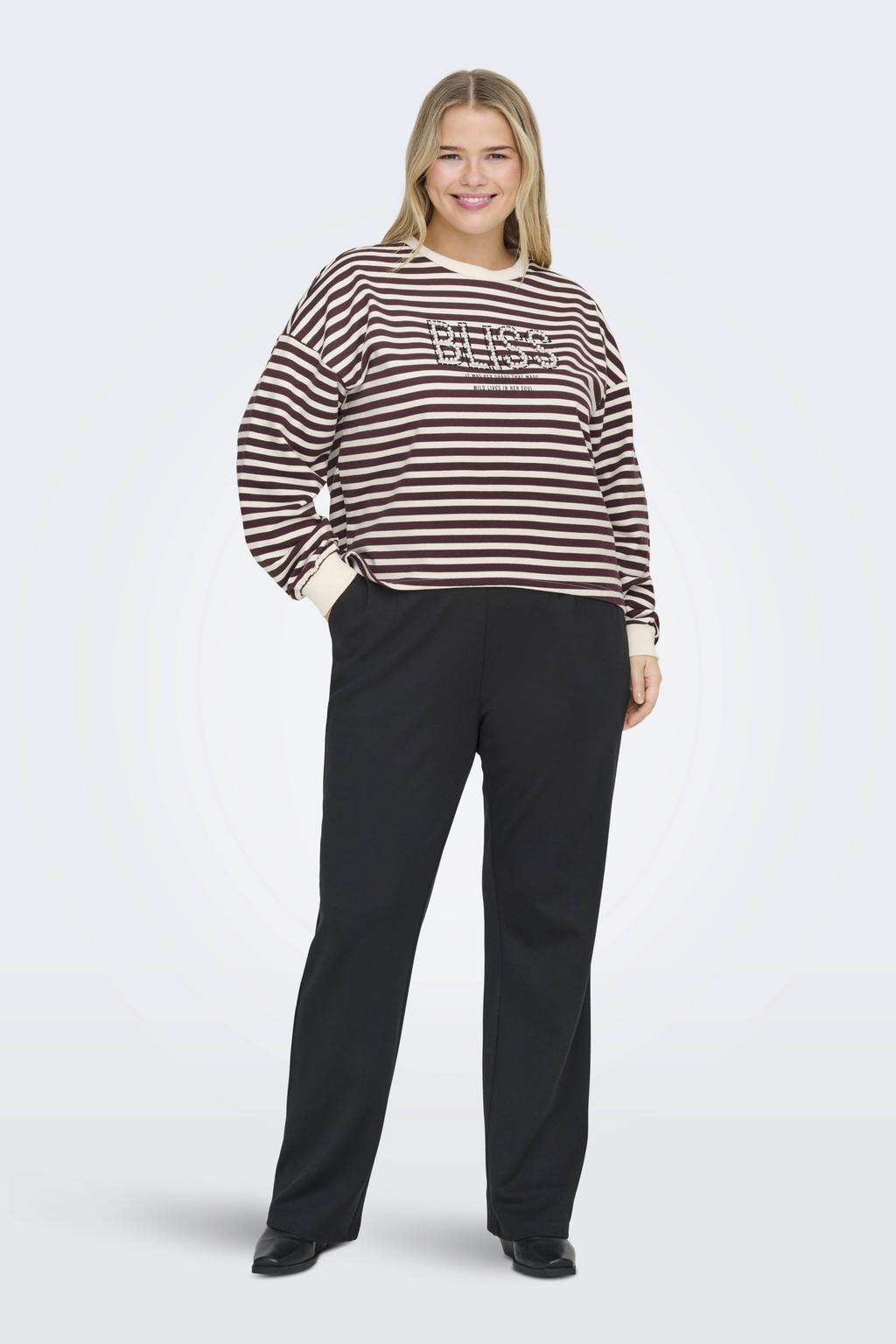 Ecru en bruine dames ONLY CARMAKOMA gestreepte sweater van katoen met lange mouwen, ronde hals en parels