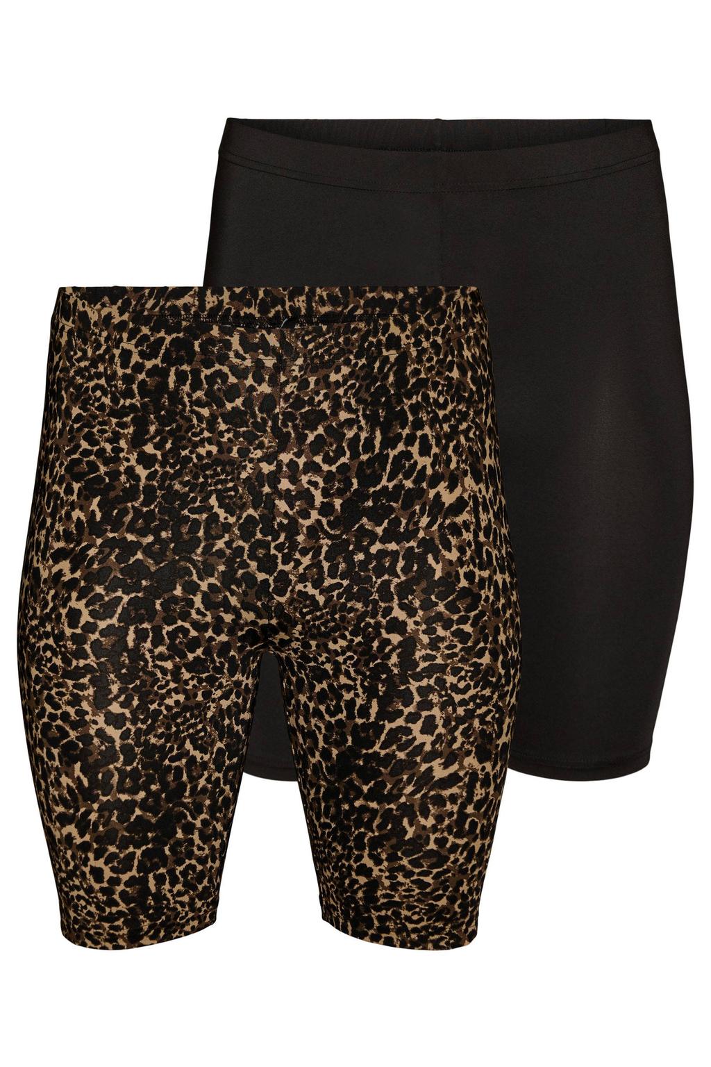 Set van 2 zwart en bruine dames Zizzi cycling short van polyester met high waist, elastische tailleband en panterprint